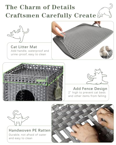 Image of SETVSON Cat Litter Enclosure, Rattan PE Hidden Kitty House, Gray