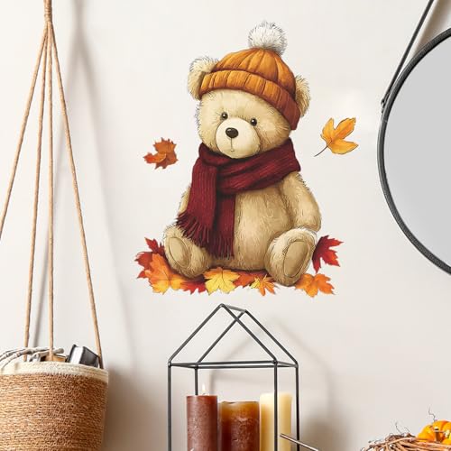 Vinilo decorativo oso con hojas de otoño, removible y resistente al agua miniatura 4