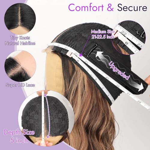Image of Eawwii Wigs for Women Brown Highlight,Short Wavy Synthetic Lace Wig | Glueless 4x1 Lace Hairline, Heat-Resistant Fiber,Bob Wave Style,Natural Appearance for Everyday Cosplay 18 Inch