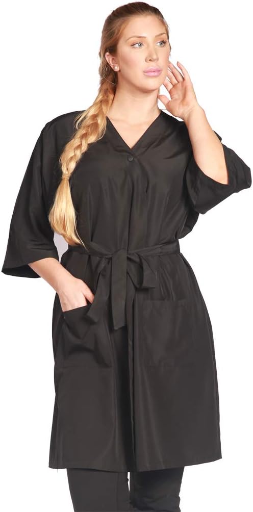 Unisex Black Kimono Robe/Client Gown Lightweight Water, Hair, and Bleach Resistant, Longer Length, Ideal for Hair Salon and Barber Clients - One Size Fits Most