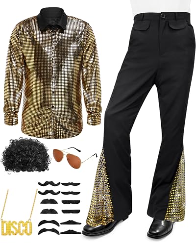 Mens 70s Disco Outfit Costume Bell Bottom Pants Shirts Wigs Necklace Mustache Sunglasses (Gold,XX-Large)