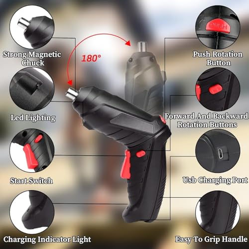 Image of Shopper52 Rechargeable Electric Screwdriver - Black | USB Charging & LED Light | Lightweight Home Tool for Furniture Assembly & DIY