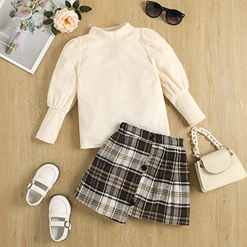 Rsrzrcj Kids Toddler Baby Girl Fall Winter Outfit Long Puff Sleeve Turtleneck Shirt Top Plaid Mini Skirt 2Pcs Clothes Set (Beige+Plaid, 3-4T) #TOP1