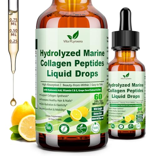 Marine Collagen Peptides Liquid Drops Hydrolyzed Multi Type I & III Collagen w. Vitamin C E Grape Seed Extract for Joint Skin Hair & Nail Liquid Collagen High Absorption for Women Men Wild-Caught
