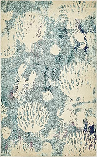 Unique Loom Positano Collection Coastal Modern Coral Lobster Shells Light Blue Area Rug (5' x 8') - Image 11