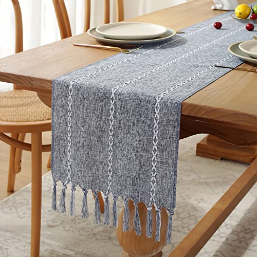 Chemin de Table Bleu Gris Boho Gland 33 x 183 cm Vintage Décoration Chemin de Table Lin de Coton pour Bohème Mariage Fête de Mariage Décoration de Table à Manger Vacances Anniversaire Cover
