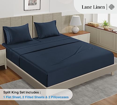 Image of LANE LINEN Split King Sheet Sets for Adjustable Beds - 5 PCs, 450 Thread Count Split King Sheets Set - Sateen Weave King Split Sheets - Split Top King Sheets Set for Adjustable Bed - Estate Blue