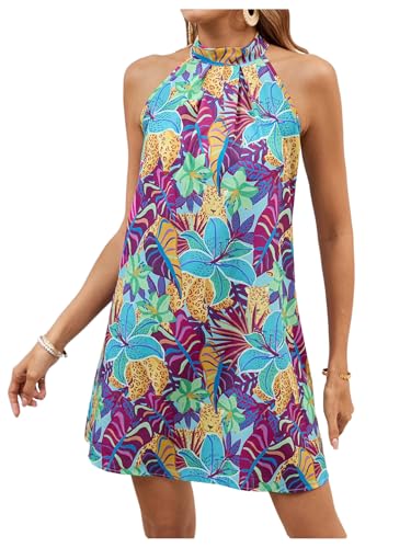Image of Floerns Women's Sleeveless Floral Print Sundress Halter Neck A Line Short Dress