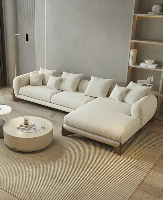 Image of Modern Classic 4 Seater Velvet Button Tufted 3+1+1Footrest Chesterfield Sofa for Living Room and Office (Pillows Not Included) (FiveSeaterBoucle Almond)