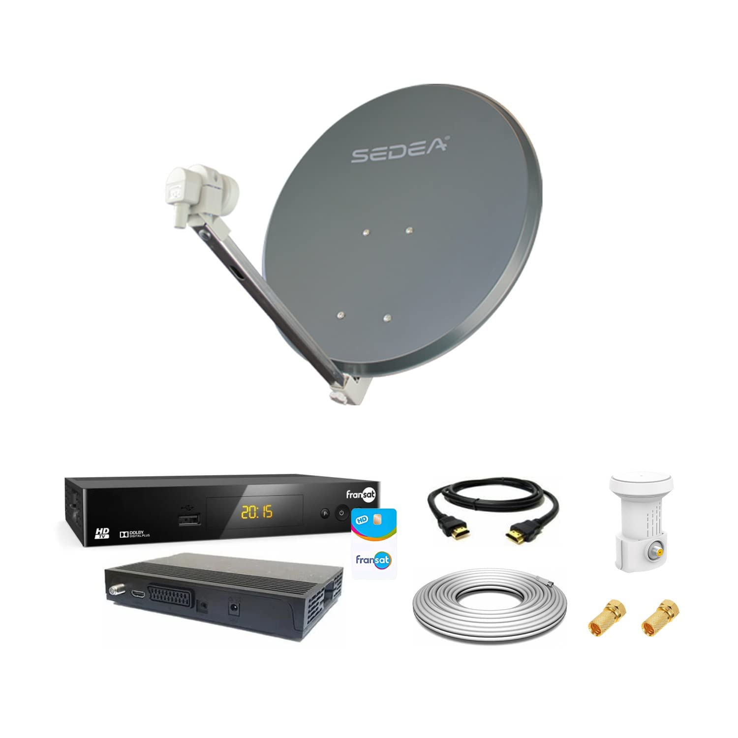 Kit Antenne Parabole Acier 65 cm 36,5 DB Anthracite + LNB Single 0,1 DB Full HD 4K Ultra HD + Décodeur DSR 3031F FRANSAT + Câble coaxial 20m + Câble HDMI + 2 fiches F