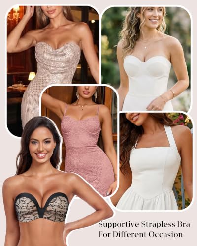 Image of HACI Push Up Strapless Bra for Women Anti-Slip Padded Wireless Stay Put