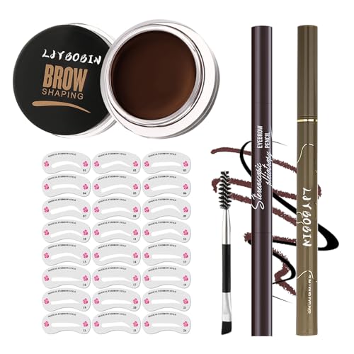 4PCS Eyebrow Pen and Eye Brow Stencil Kit,Waterproof Eyebrow Tinting Kit with Dark Brown Eyebrow Pomade,Dual-ended Eyebrow Pencil,Black Eyeliner & 24 Eyebrow Stamp Stencils