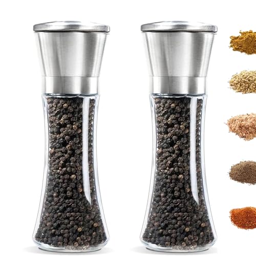 GUZHAIREN 2Pcs Salt and Pepper Grinder Set, Stainless Steel Salt & Pepper Mill with Glass Body and Adjustable Coarseness, for Spices,Sea Salts,Himalayan Or Fresh Ground Pepper (7.5in*2.6in)