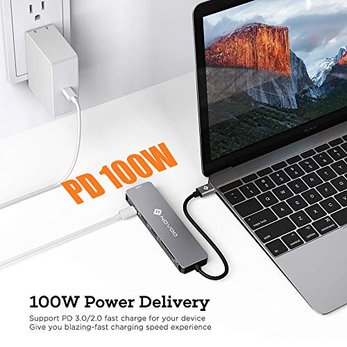 Image of NOVOO 6 in 1 USB Type C Hub with 4K HDMI, 60W USB C PD Charging Port, 2 USB 3.0 Ports, SD /TF Card Reader for MacBook Pro 2017 /2016 /2018, Huawei MateBook and More USB C Laptop and Smartphone, Grey