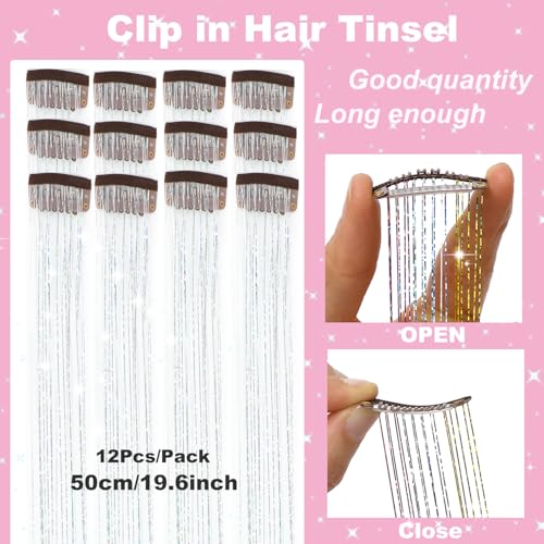 Ainitops 12Pcs Hair Tinsel Clip In Hair Extensions 19.6Inch Clip In Hair Tinsel Glitter Tinsel Hair Extensions Shiny Sparkly Fairy Hair Tinsel Kit Dazzle Hair Accessories For Women Girls Kids thumb #1