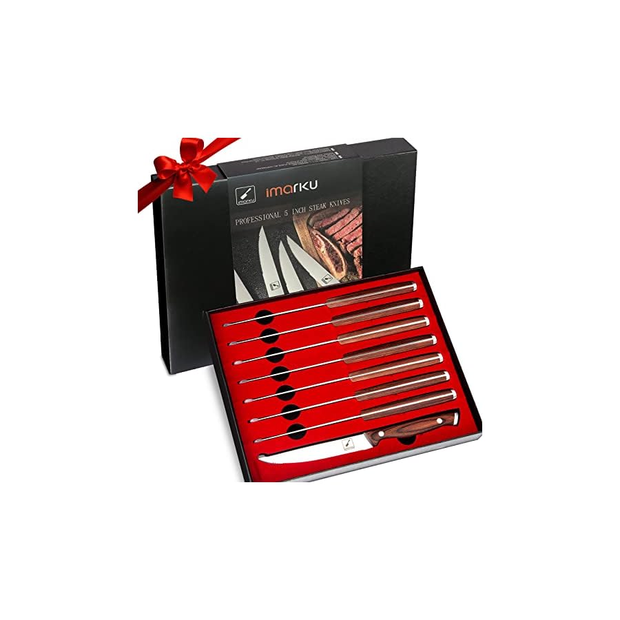 imarku Steak Knives, Serrated Steak knives Set of 8, Japanese HC Steel Knife Set, Premium Serrated Carbon Stainless Steel Steak Knife with Gift Box,9 Inches/Piece