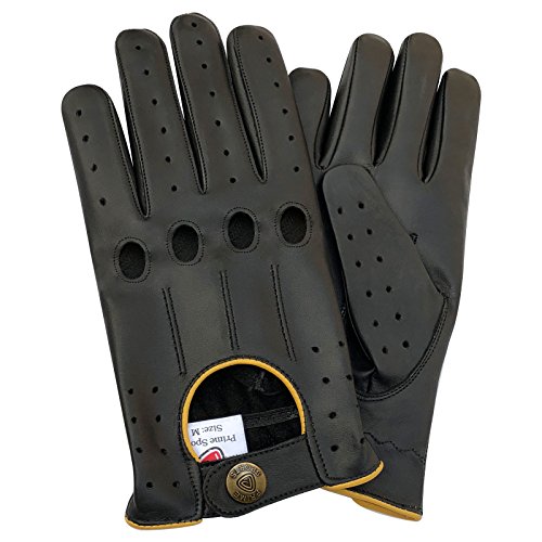 Men's Fashion Driving Gloves Slim Fit Goat Leather Motorbike Black with Yellow Piping 507 (BLACK, L)