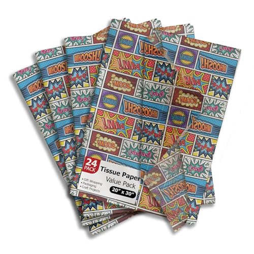 Pro Supply Global Superhero Comic Book Printed Tissue Paper for Boys Gift Bags or Boxes and Wrapping - Bulk Decorative Art Tissue Paper for Packaging and Gifting | 24 Sheets 20 x 30