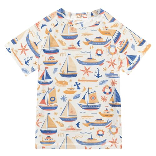 Wudan Blue Boats Anchors Kids Bathing Suits Girls Short Sleeves Girl Rash Guard Swimwears Sports Shirts for Youth Boys 11-12Y