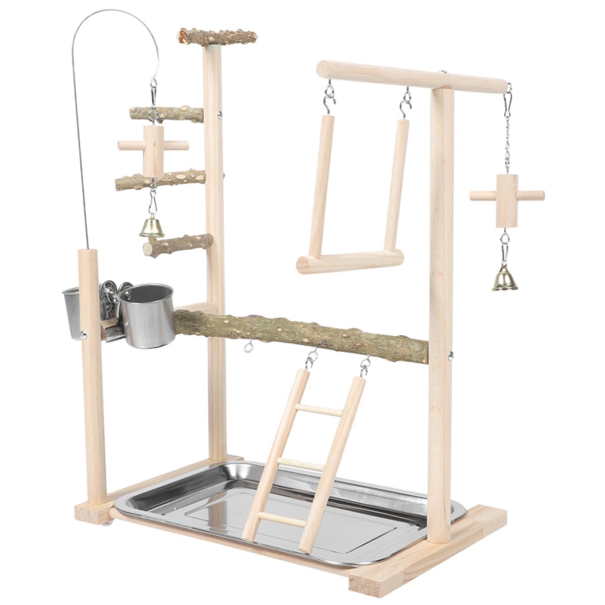 Parco Giochi per Calopsitte con Trespolo in Legno di Fiore di Pepe, Supporto da Pavimento Stabile con Piattaforma Interattiva e Mangiatoia Integrata per Uccelli in Gabbia,