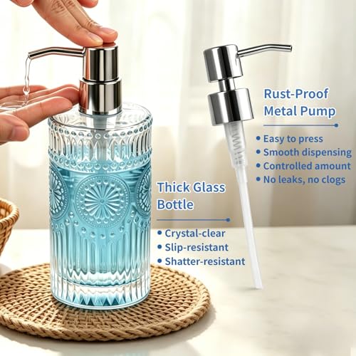 Image of Vintage Glass Soap Dispenser, 16 fl oz Refillable Liquid Hand Soap Bottle with Pump, Sunflower Embossed Dish Soap Dispenser for Bathroom, Kitchen, Shower (Clear)