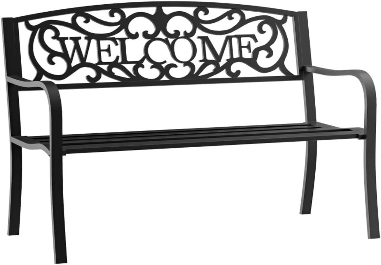 Hassyee Modern Garden Bench Loveseat with Cast Iron Decorative Welcome Vines, Outdoor Seating Benches for Lawn, Park and Backyard