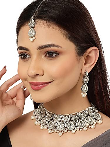 Karatcart Oxidised Silver Pearl Beads Studded Kundan Choker Necklace Set - Image 3