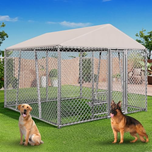 10FT Large Outdoor Dog Kennel with Bowls Dog Kennel Outside with Waterproof Cover Roof Galvanized Heavy Duty Chain Link Dog Runs Cage Playpen for Outside with Secure Lock