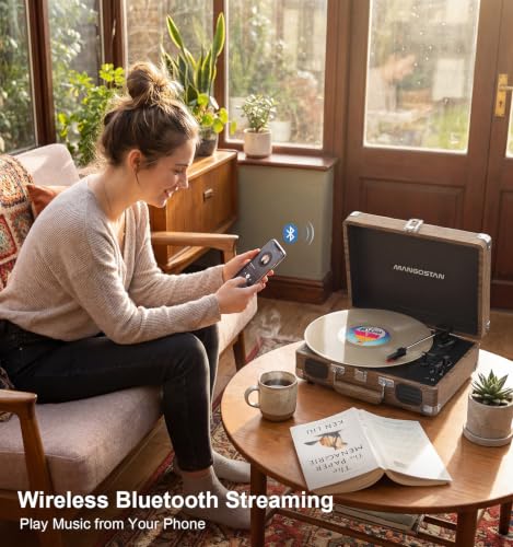 Image of Vintage Bluetooth Record Player, 3-Speed Belt Drive, Wood Grain