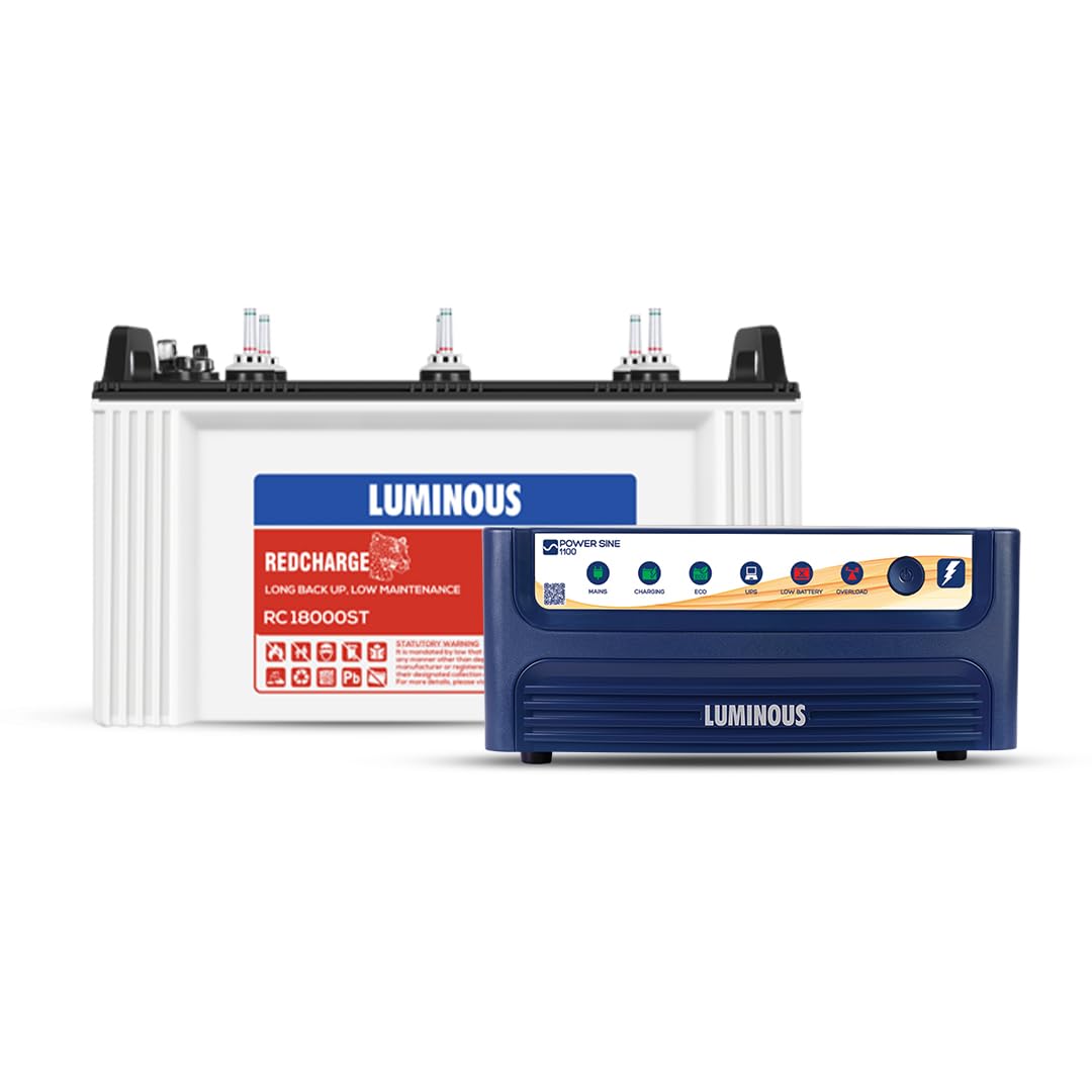 Luminous Inverter & Battery Combo for Home, Shop & Office – Power Sine 1100 (900VA/12V) Pure Sine Wave Inverter + RC18000ST 150Ah Short Tubular Battery | 36M Warranty on Inverter & Battery
