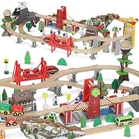 AIYAPLAY Wooden Train Set, 100 Piece Train Track Toy for 3+ Years Kids, Boys & Girls, Magnetic Wooden Railway Toys with Crane, Bridge, Helicopter, STEM-Inspired Gift for Toddlers