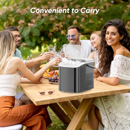 Image of DUMOS Countertop Ice Maker with Handle, 26lbs /24H Portable Ice Machine | 9 Bullet Cubes Ready in 6 Mins, Self-Cleaning, Quiet Compact for Home, Kitchen, RV, Camping, Bright Black