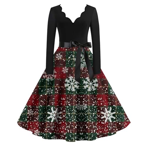 Weihnachtskleid Damen Rot 1950er Audrey Hepburn-Stil Vintage Weihnachten Rockabilly Kleider Lange Ärmel V-Ausschnitt Weihnachtsmann Cocktailkleid...