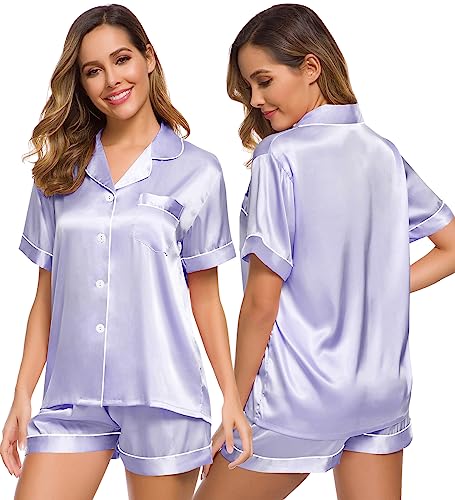 Image of SWOMOG Womens Silk Satin Pajamas Set Short Sleeve Sleepwear Button Down Top and Shorts Loungewear 2 Piece Pjs Set XS-3XL