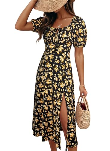 BLENCOT Womens Casual Summer Square Neck Short Sleeve Split Thigh Cotton Dress Boho Floral Print Tie Front Midi Dresses4