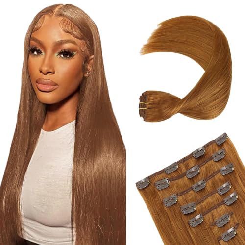 Gsoroel Extensiones de pelo humano recto con clip para mujer, extensiones de cabello humano #30 marrón claro, paquetes de cabello humano con una cobertura mínima para mujeres de 40 cm