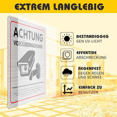 Videoüberwachung Schild, 2 Stück Achtung Videoüberwachung Schild Privatgrundstück mit DSGVO Hinweis, 15x15 cm Aluminium Hinweisschild Videoüberwachung mit Selbstklebend, 4 Bohrlöcher