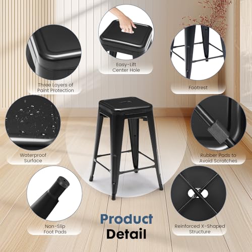DUMOS Metal Bar Stools Set of 8, 24 Inch Counter Height Stackable Bar Chairs, Classic Trattoria Style Kitchen Island Stools, Indoor Outdoor Restaurant Seating for Dining Room, Black - view 2