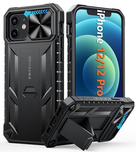 FNTCASE for iPhone 12 Phone Case: Rugged Military Grade Full Protection Shockproof Protective Case with Kickstand | TPU Matte Textured Heavy Duty Hard Bumper Phone Cover for iPhone 12/12 Pro Black