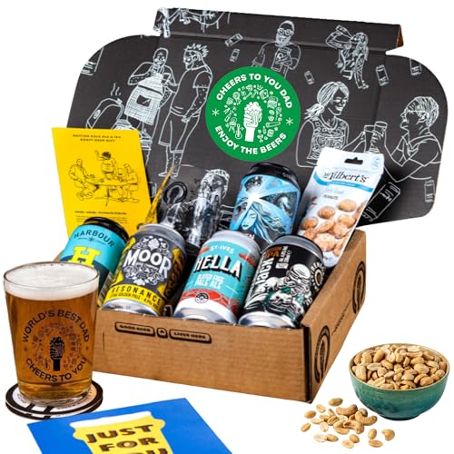 Premium Craft Pale Ale/IPA Fathers Day Beer Gift Set for Men - 5 Independent British Craft Beers For Dad a Snack and a QWERTY Dad Gift Tasting Glass