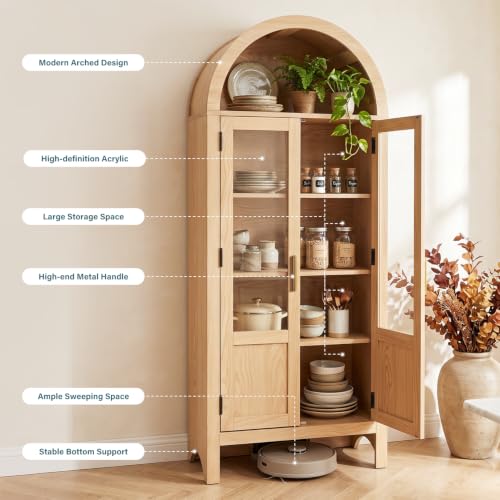 Image of Arched Storage Cabinet with 2 Doors and 5-Tier Shelves for Living Room, 71 inch Tall Wooden Pantry Cabinet for Dining Room and Kitchen, Floor Bathroom Organizer, Natural Wood Color