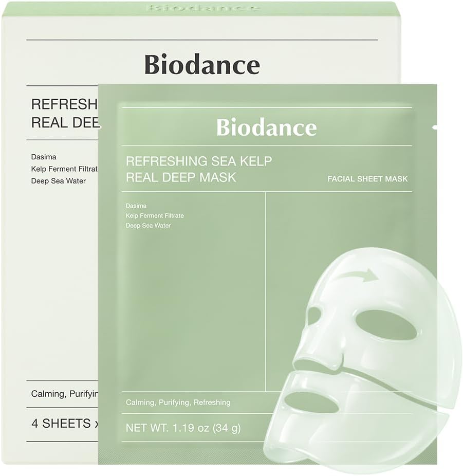 BIODANCE Refreshing Sea kelp Real Deep Mask, Overnight Hydrogel Mask, Calming, Oil & Sebum Control, Blemish Care, Korean Skincare | 1.19oz(34g) x 4ea