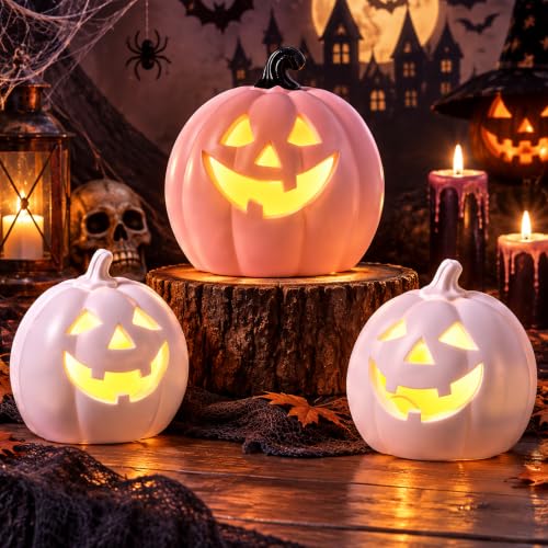 Glooglitter 3 Pcs Pink Light up Halloween Pumpkin Decor, Flocked Resin by Glooglitter - Used condition - US$25.79