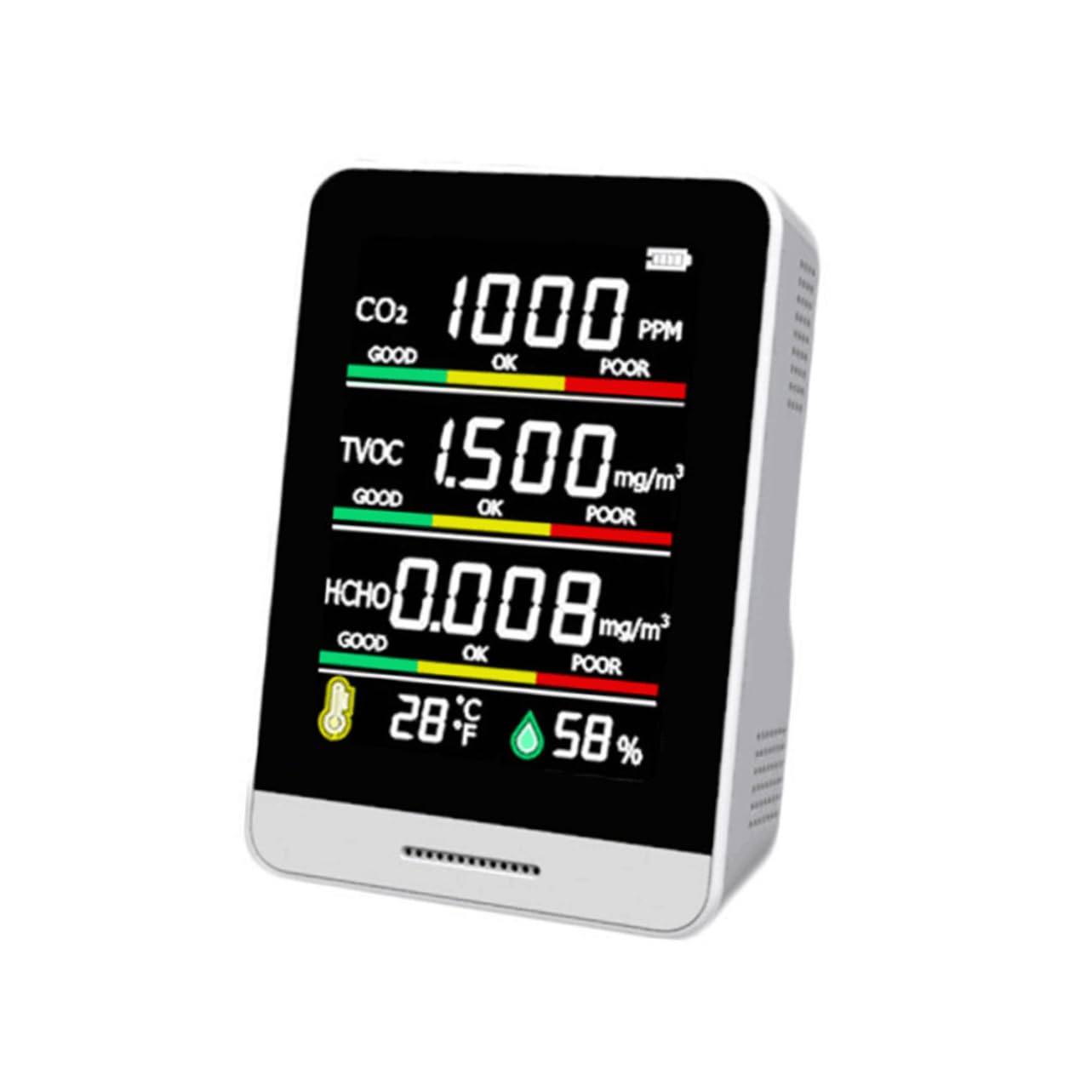 Medidor de Co2 Portátil, Monitor de Calidad del Aire, Blanco | Detección Tvoc, Alerta Sonora y Visual de Doble Capa, Batería 1200 Ma, Carcasa de Vidrio