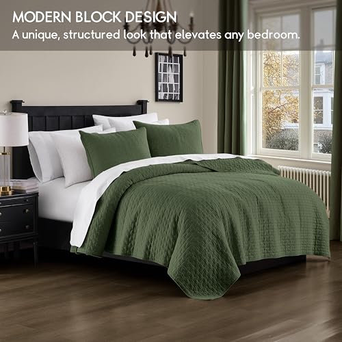 Image of palassio Olive Green 100% Cotton Quilt King Size Bedding Sets with 2 Pillow Shams, Textured Lightweight Soft Bedspread Shabby Chic Coverlet, Quilted Comforter Bed Cover for All Season, 3 Pieces