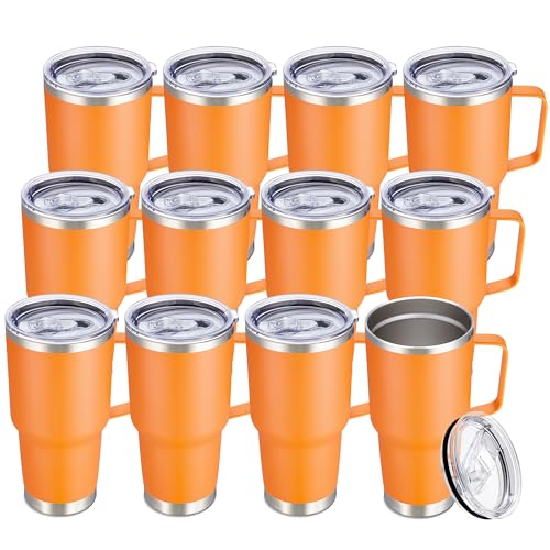 Image of 30 oz Stainless Steel Tumblers Bulk with Handle and Lid, 12 Pack | Powder Coated, Double Wall Vacuum Insulated, Leak Proof Lid, Keep Drinks Cold and Hot, for office, party, camping, Orange