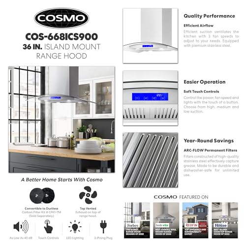 Cosmo COS-ICS900 668Ics900 36 Inch Island Range Hood With 380 Cfm, 3 Speeds, Ducted, Permanent Filters, Soft Touch Controls, Led Lights, Curved Glass Hood In Stainless Steel thumb #2