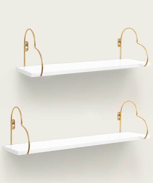 SUMGAR White Floating Shelves 60cm long Storage Shelf for Wall Decorate Bedroom Living Room Bathroom Kitchen with Heart Golden brackets large Hang Mounted Rack Set of 2 different size 60cm and 50cm