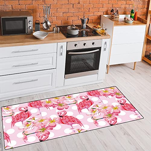 Summer Pink Flamingos Kitchen Rugs Flowers Pattern Bath Mat Non Skid Washable Standing Floor Mat Runner Carpet For Bathroom Home Office Farmhouse Hallway Sink Stove Laundry 39*20 Inch #TOP3