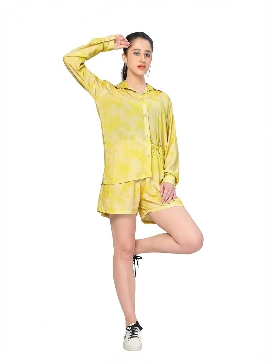 Tie-Dye Print Shirt Short Cord Set for Women (Yellow)-image-16